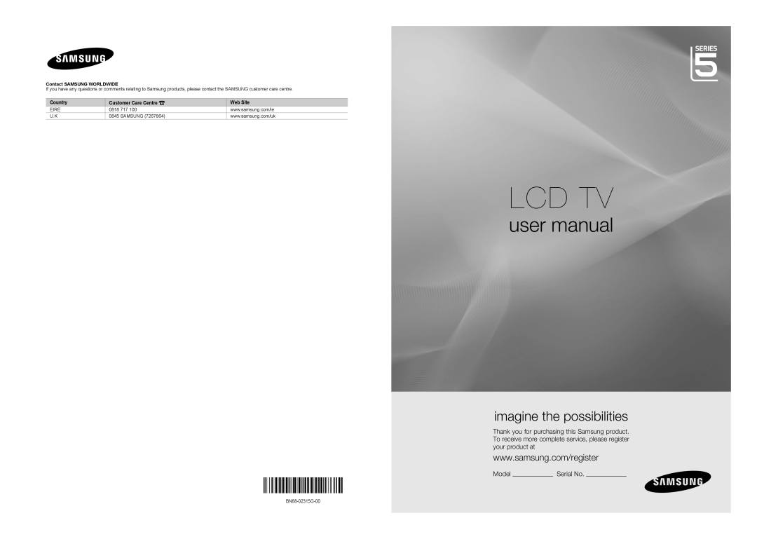 Samsung LE40B554, LE40B550 user manual Lcd Tv, imagine the possibilities, Model, Country, Customer Care Centre, Web Site 