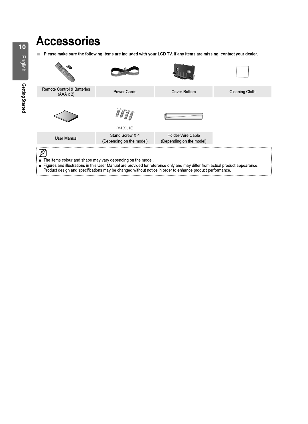 Samsung LE40B551, LE40B550, LE40B554, LE40B553 Accessories, English Getting Started, Power Cords, Cover-Bottom, User Manual 