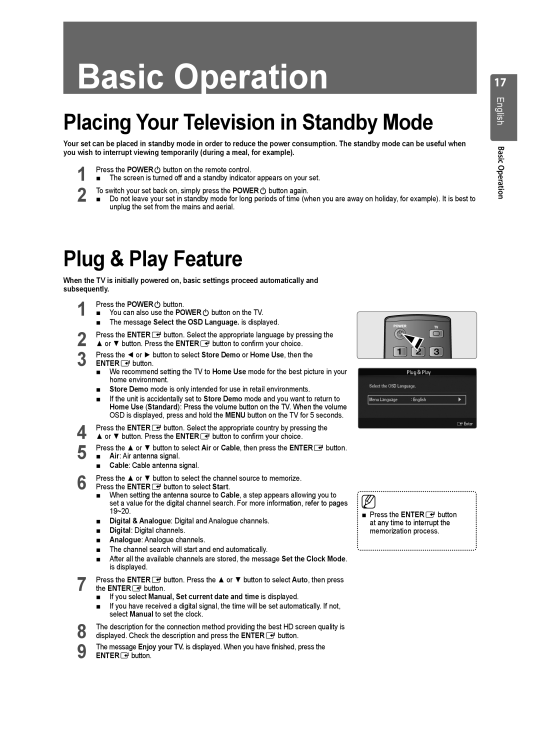 Samsung LE40B554, LE40B550 Plug & Play Feature, Placing Your Television in Standby Mode, English Basic Operation 