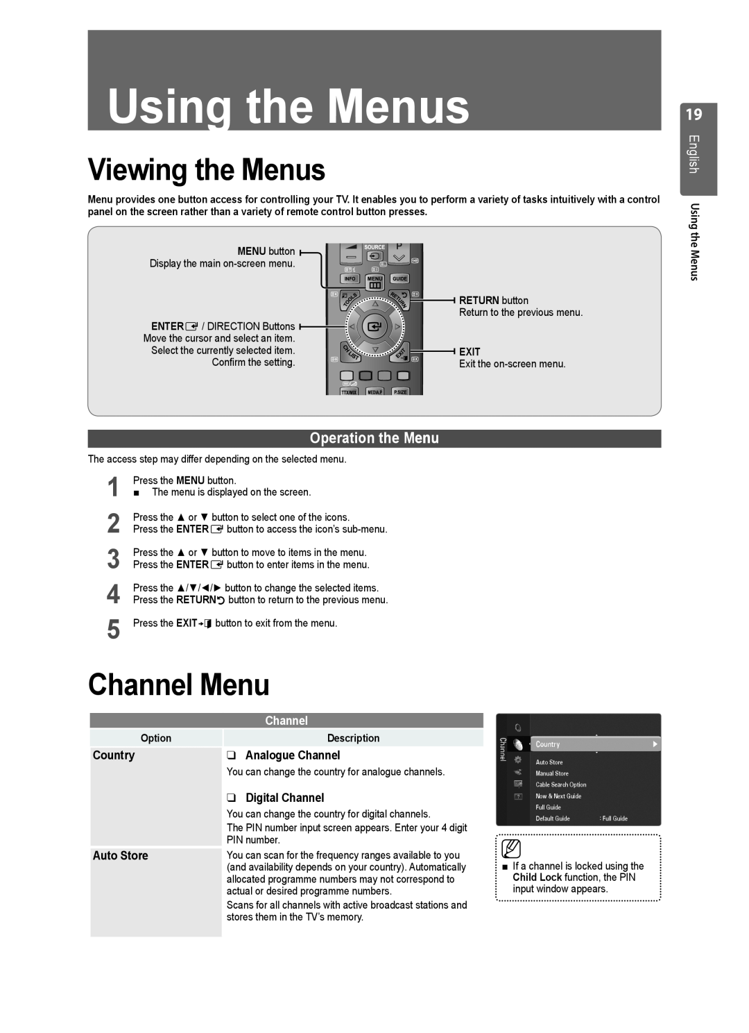 Samsung LE40B553 Using the Menus, Viewing the Menus, Channel Menu, Operation the Menu, English Using the, RETURN button 