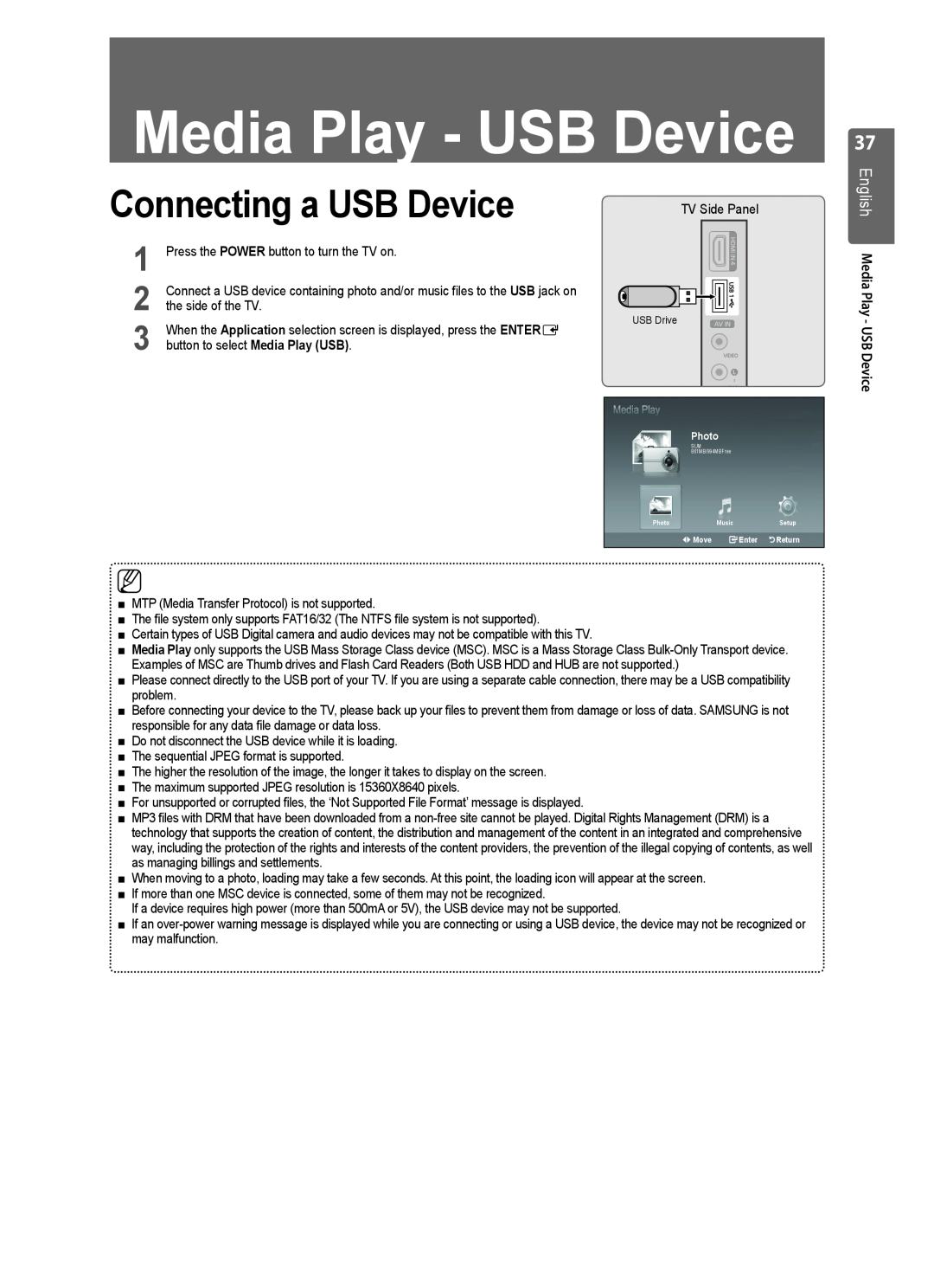 Samsung LE46B553, LE40B550, LE40B554, LE40B551, LE40B553 Connecting a USB Device, English Media Play - USB Device 