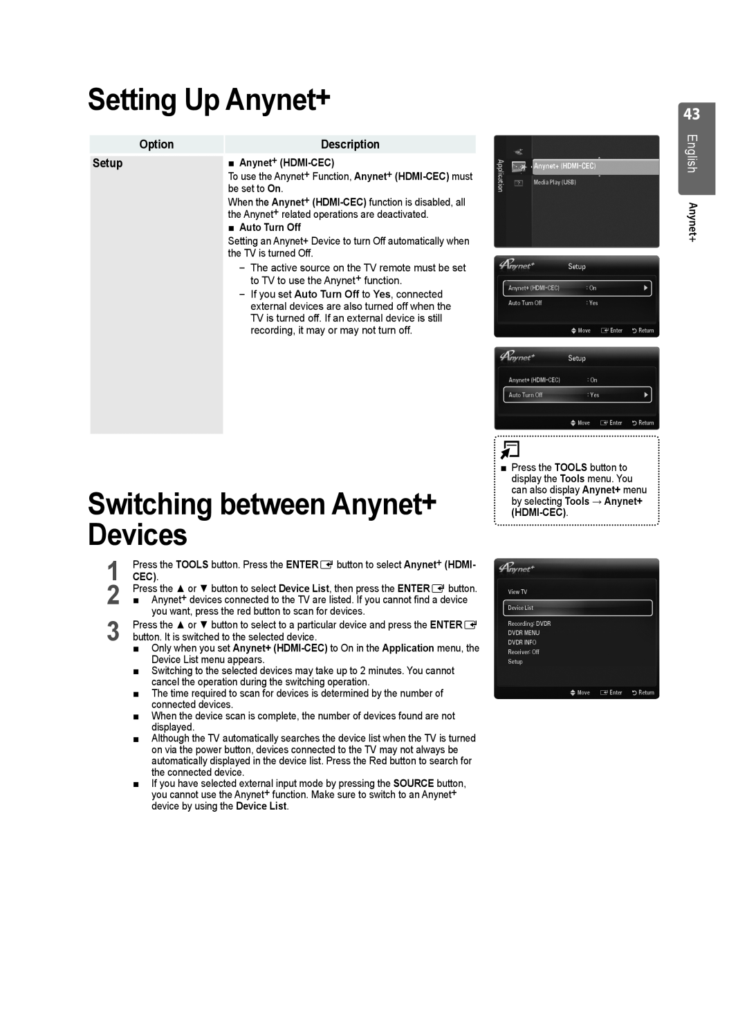 Samsung LE40B553 Setting Up Anynet+, Switching between Anynet+ Devices, English Anynet+, Anynet + HDMI-CEC, Auto Turn Off 