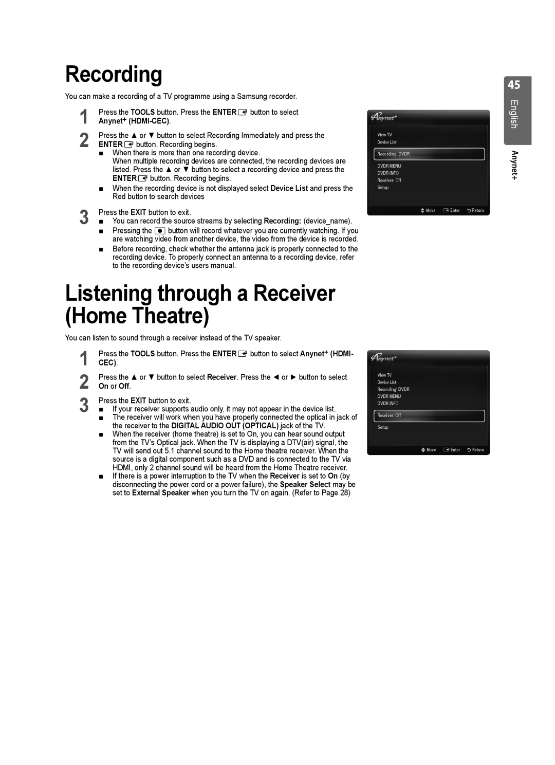 Samsung LE46B553 Recording, Listening through a Receiver Home Theatre, English Anynet+, Anynet + HDMI-CEC, On or Off 