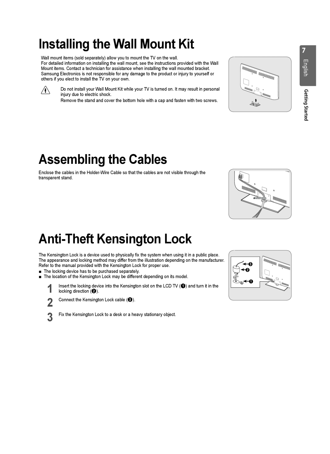 Samsung LE46B554 Installing the Wall Mount Kit, Assembling the Cables, Anti-Theft Kensington Lock, English Getting Started 