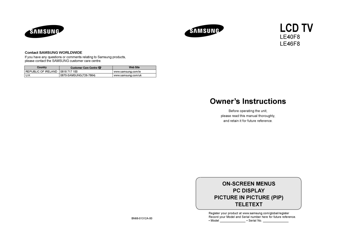 Samsung LE46F8, LE40F8 manual Lcd Tv, Model Serial No 