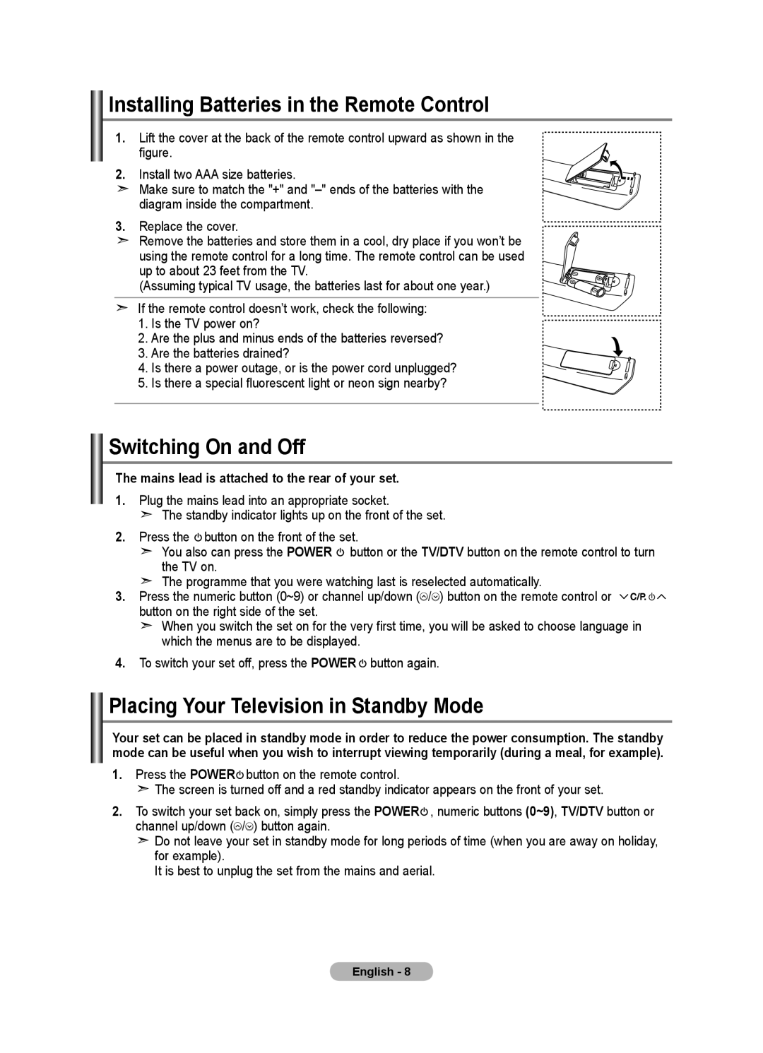 Samsung LE40F8 Installing Batteries in the Remote Control, Switching On and Off, Placing Your Television in Standby Mode 