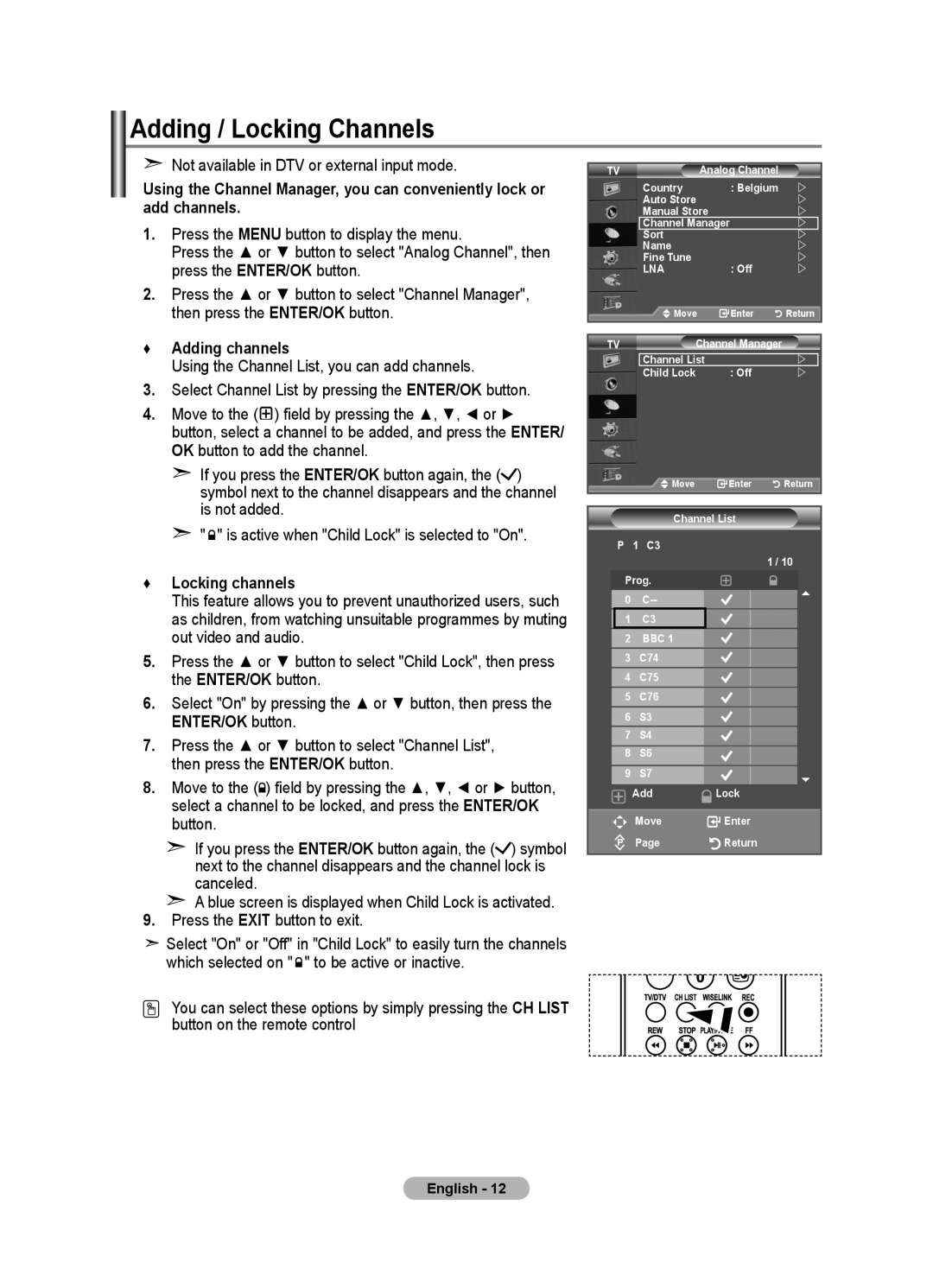 Samsung LE40F8, LE46F8 manual Adding / Locking Channels, Adding channels, Locking channels, ENTER/OK button 