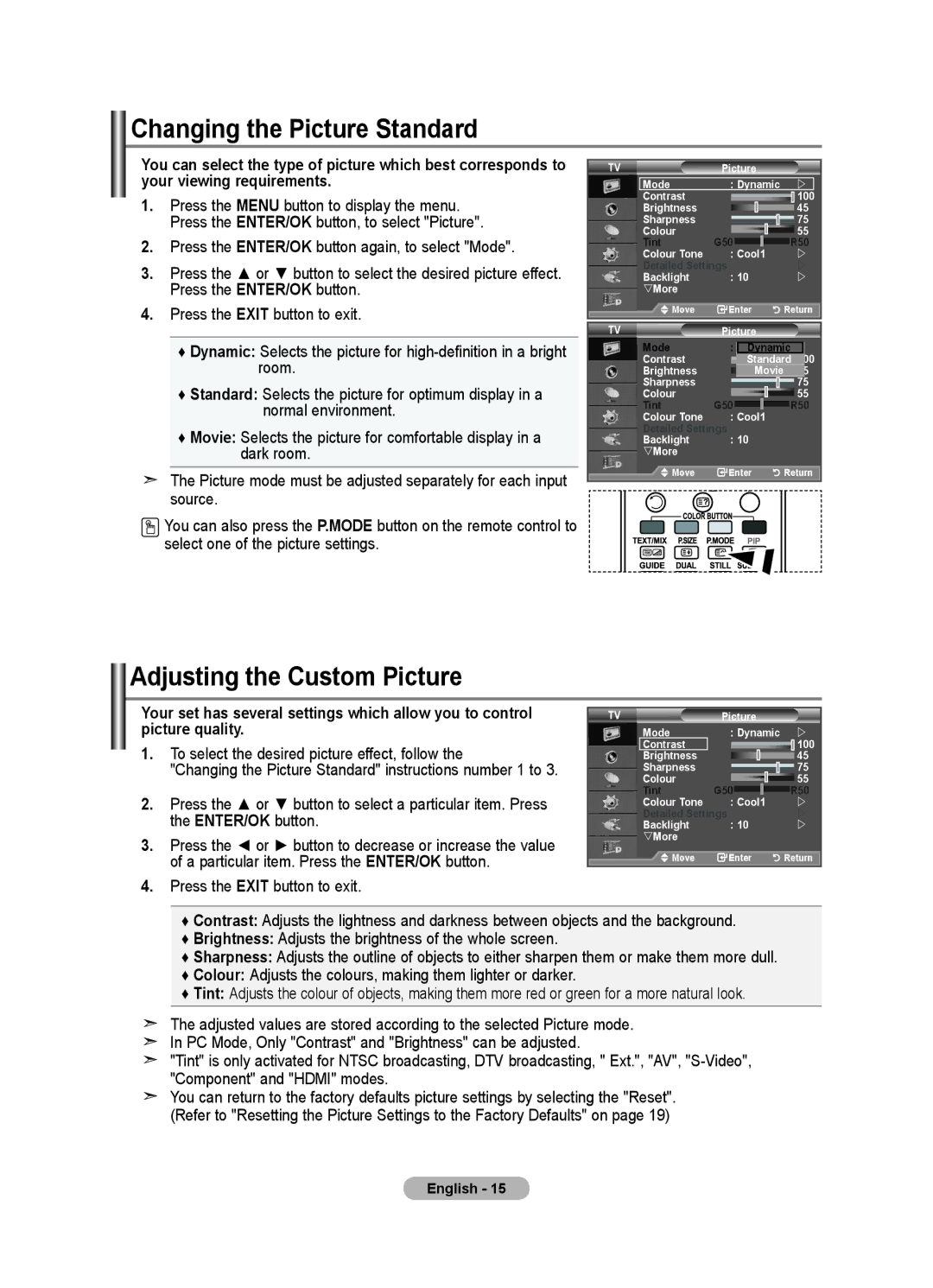 Samsung LE46F8 Changing the Picture Standard, Adjusting the Custom Picture, To select the desired picture effect, follow 