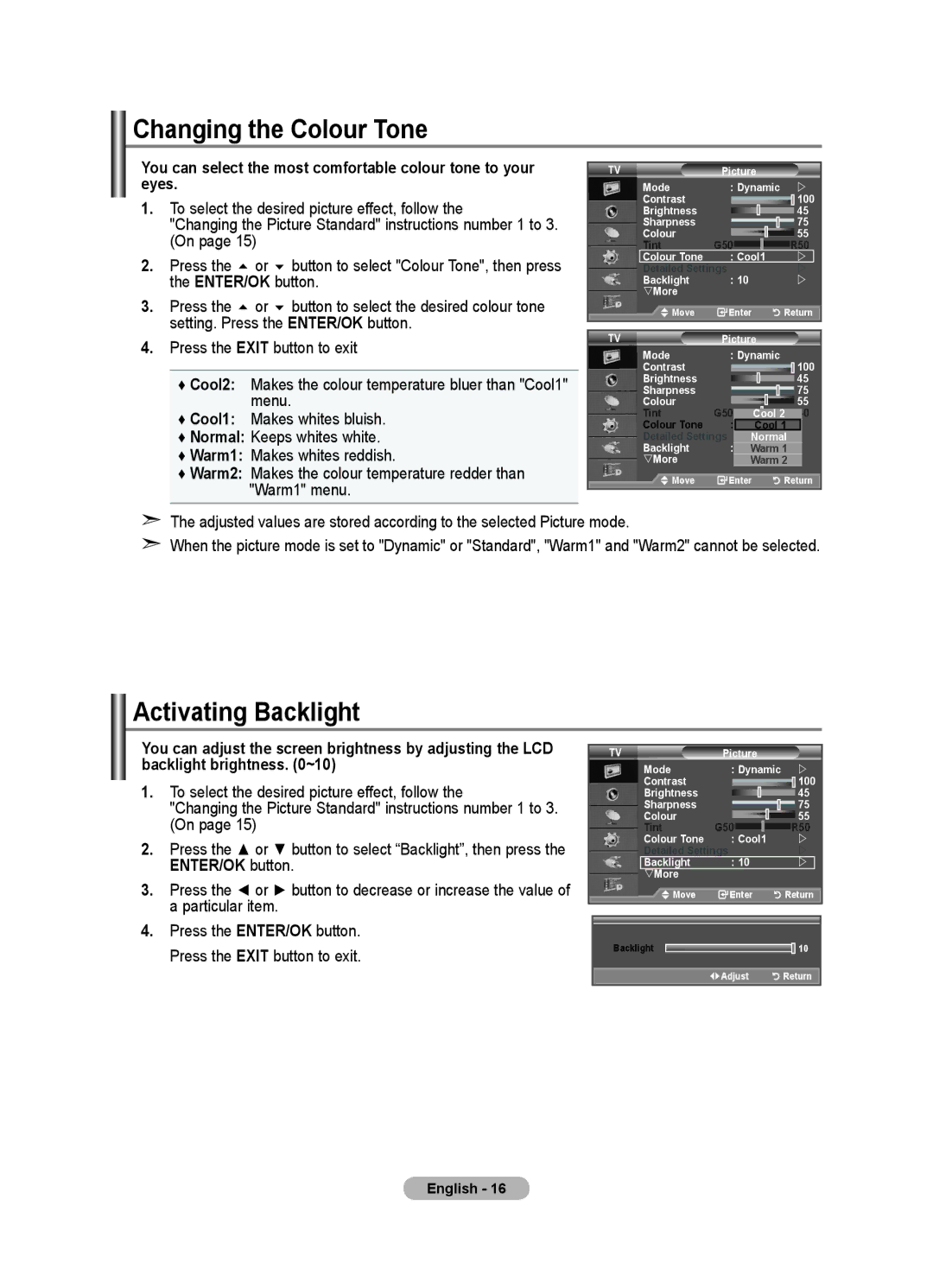 Samsung LE40F8, LE46F8 manual Changing the Colour Tone, Activating Backlight 