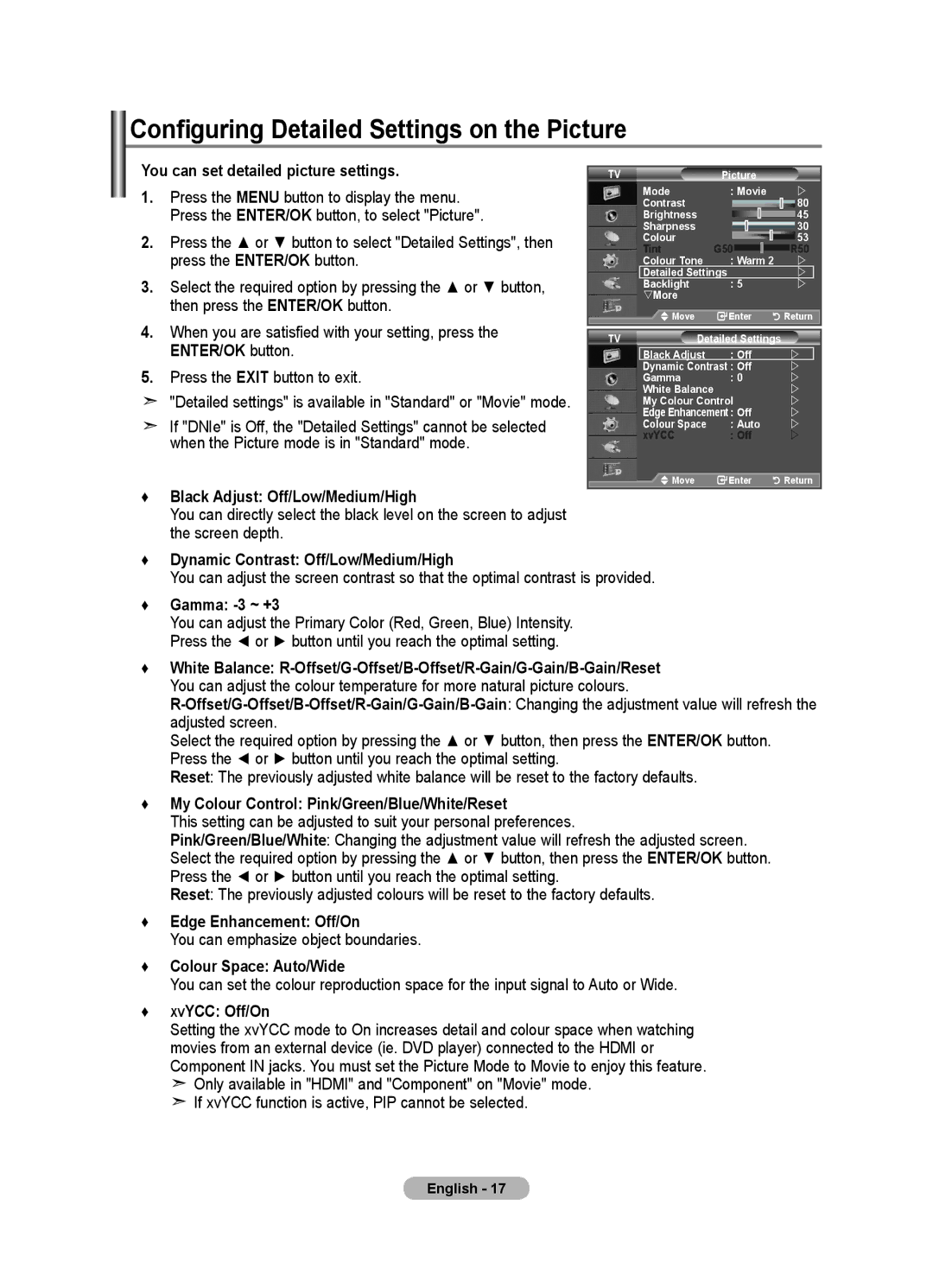 Samsung LE46F8, LE40F8 manual Configuring Detailed Settings on the Picture 