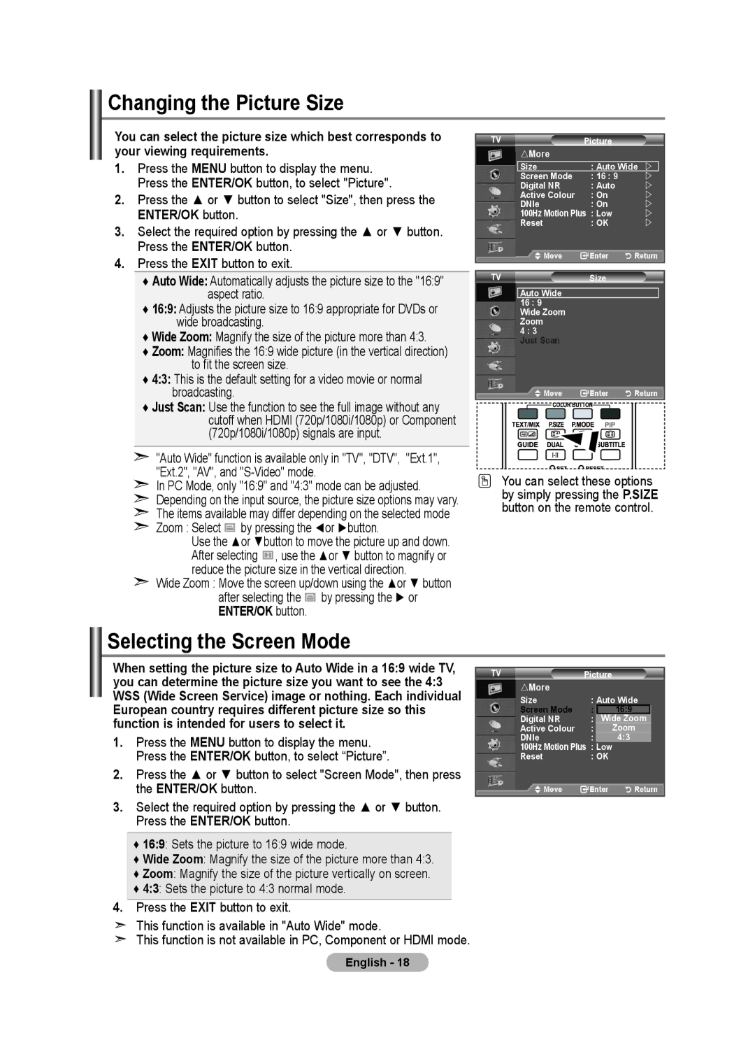 Samsung LE40F8, LE46F8 manual Changing the Picture Size, Selecting the Screen Mode, Zoom Select by pressing the or button 