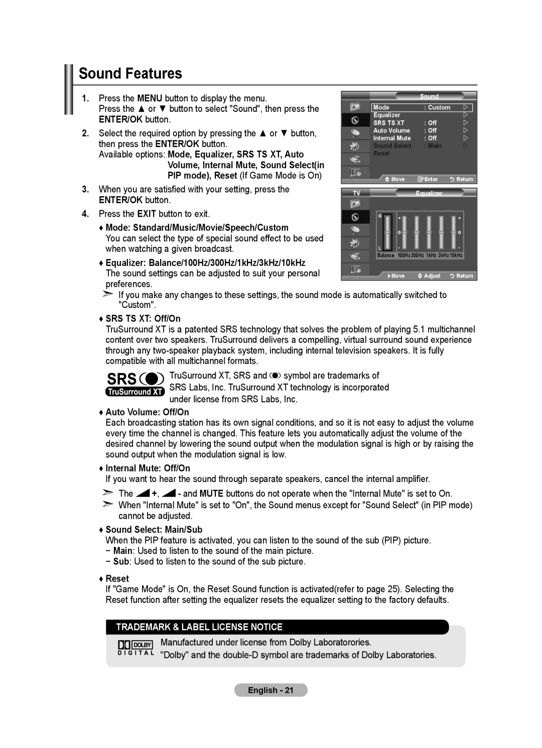 Samsung LE46F8, LE40F8 manual Sound Features 