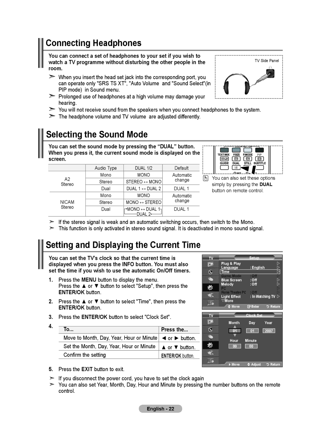 Samsung LE40F8, LE46F8 manual Connecting Headphones, Selecting the Sound Mode, Setting and Displaying the Current Time 