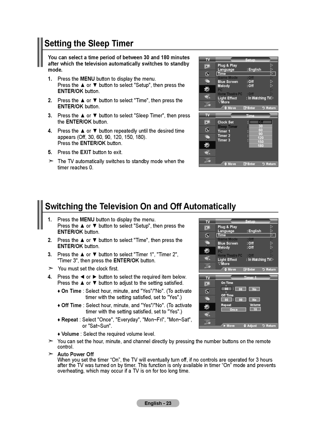 Samsung LE46F8 Setting the Sleep Timer, Switching the Television On and Off Automatically, You must set the clock first 