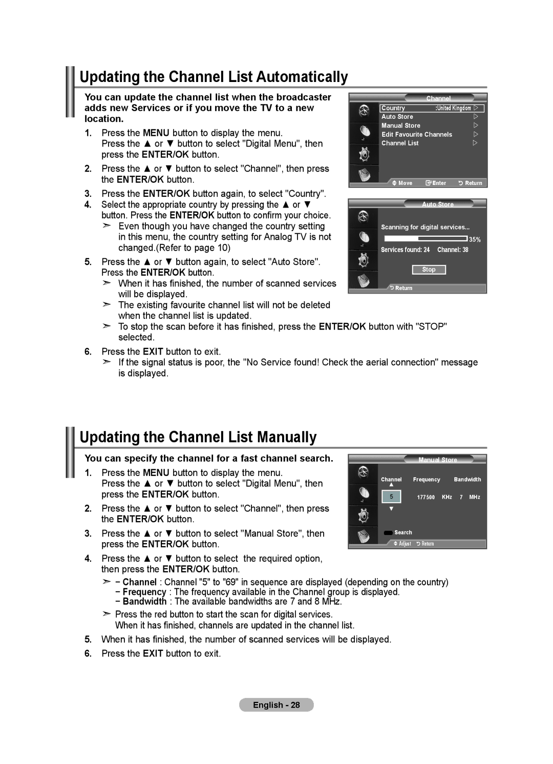 Samsung LE40F8, LE46F8 manual Updating the Channel List Automatically, Updating the Channel List Manually, Location 