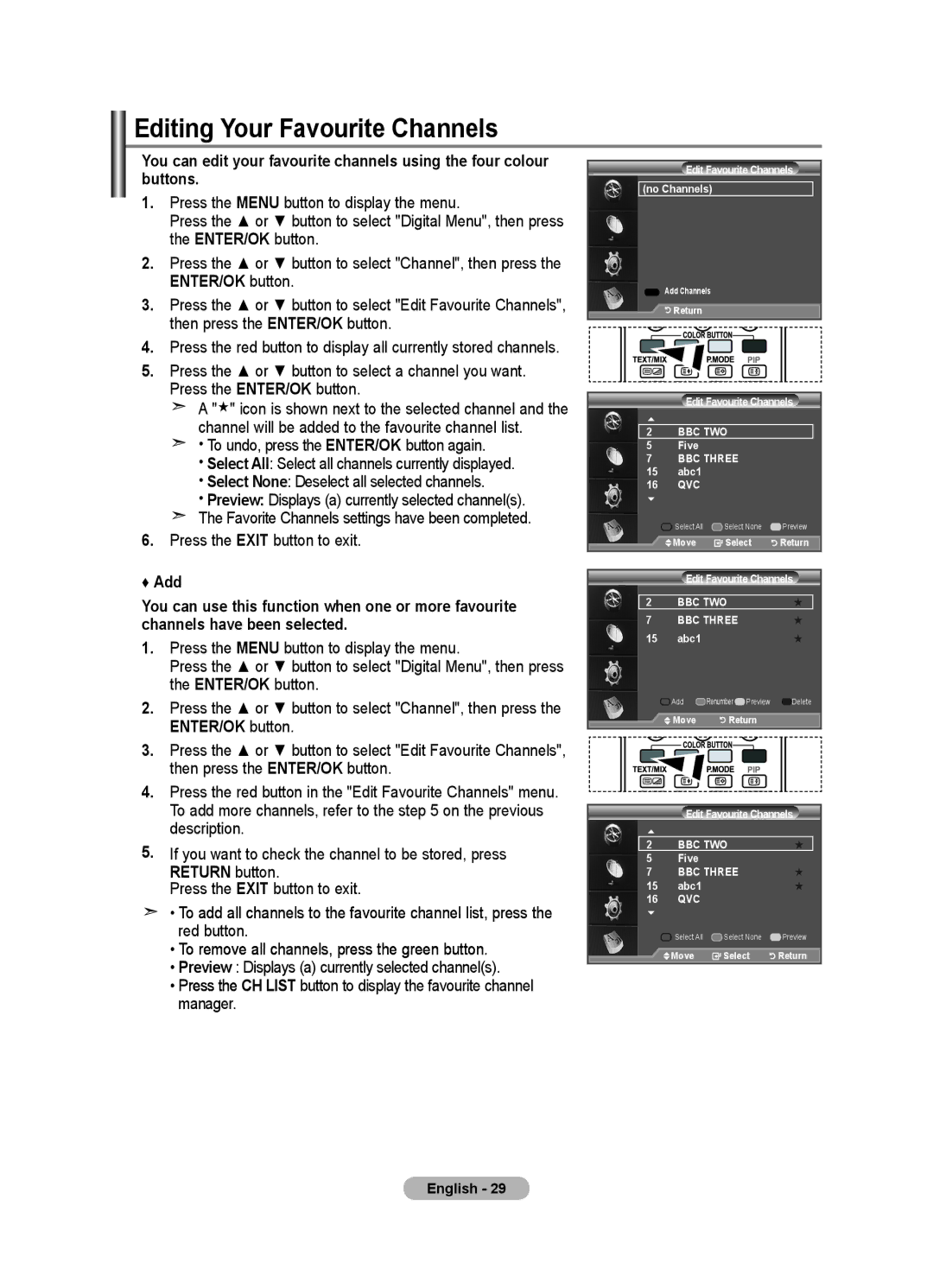 Samsung LE46F8, LE40F8 manual Editing Your Favourite Channels 