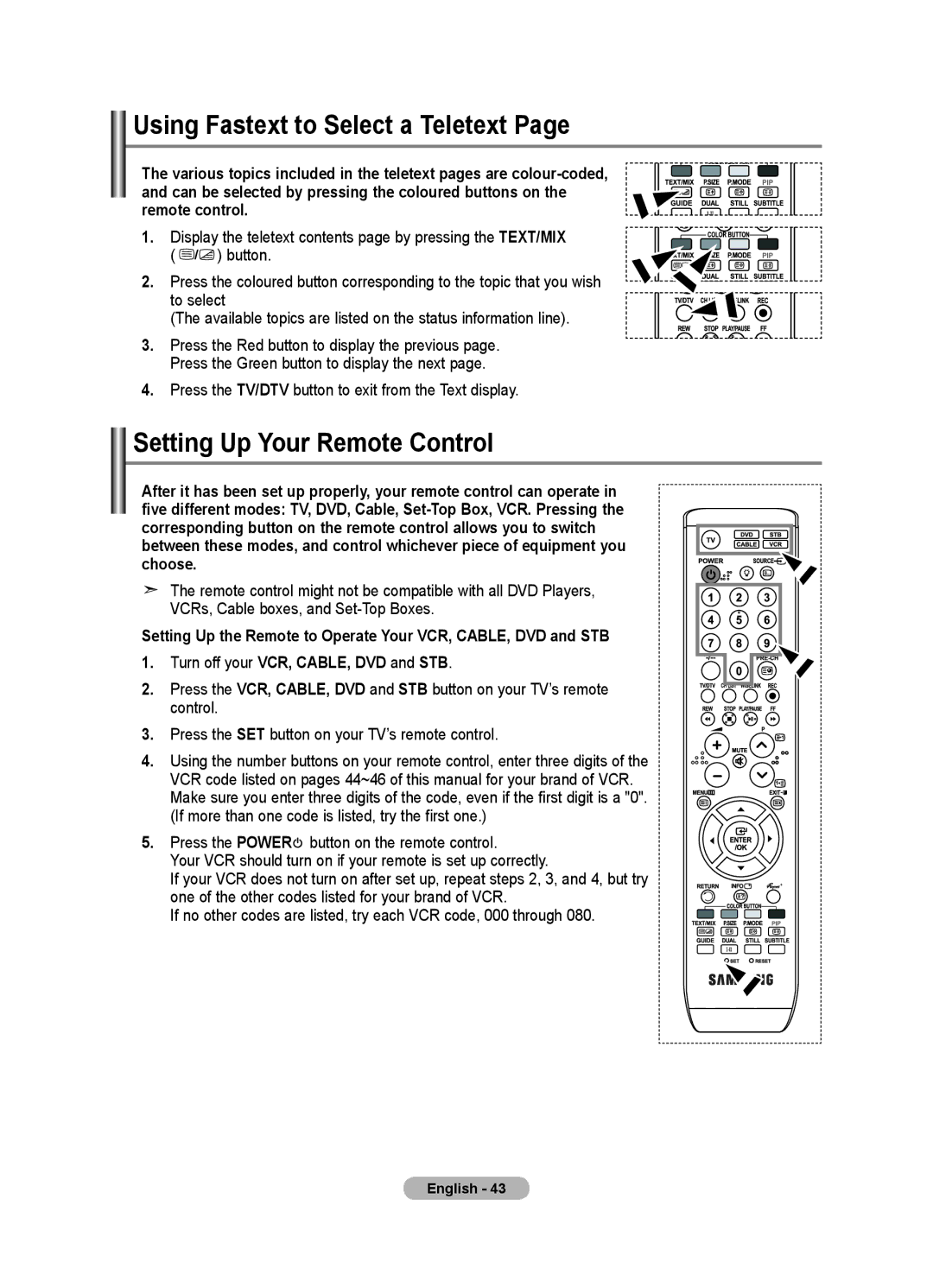 Samsung LE46F8, LE40F8 manual Using Fastext to Select a Teletext, Setting Up Your Remote Control 