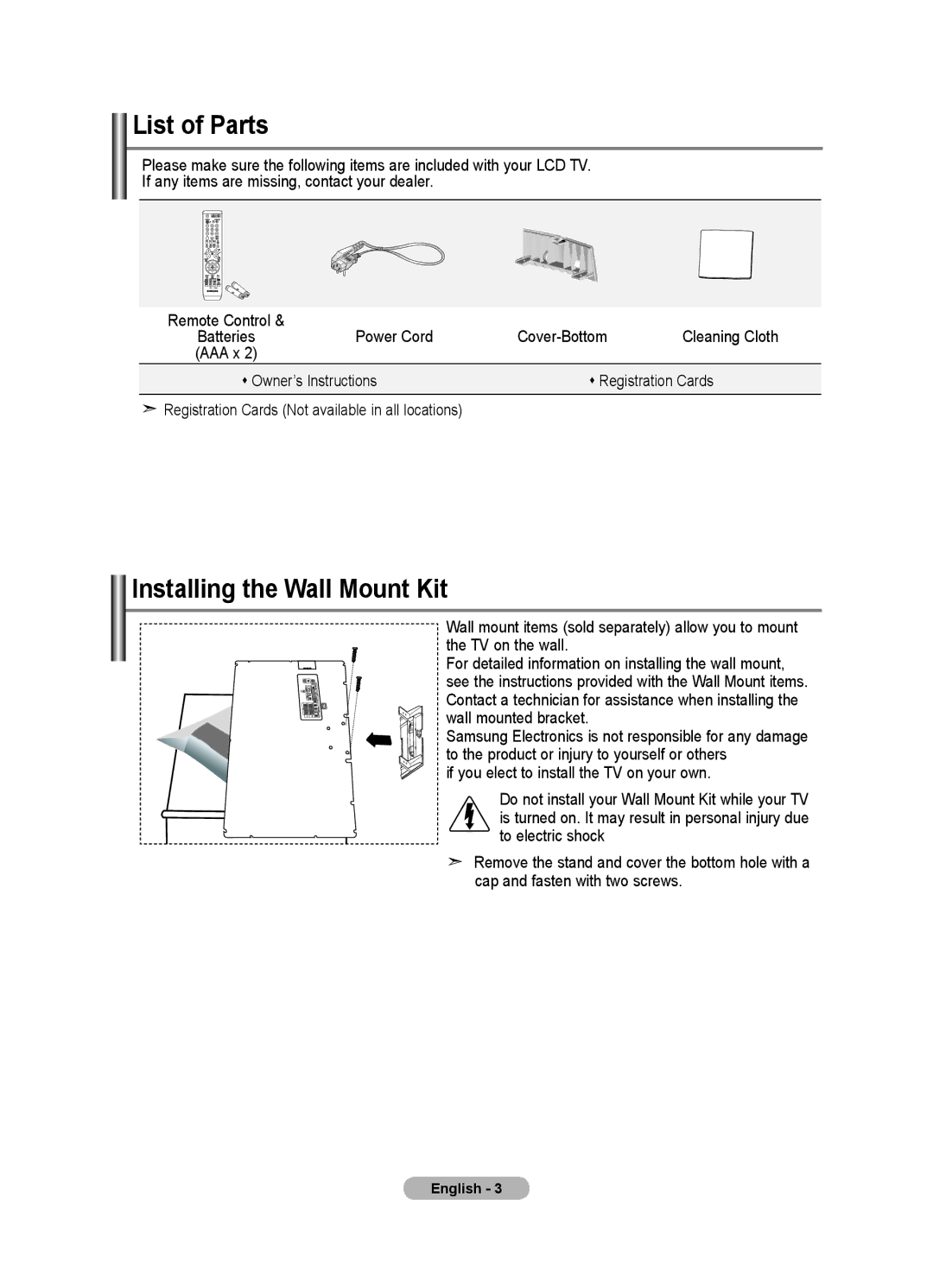 Samsung LE46F8, LE40F8 manual List of Parts, Installing the Wall Mount Kit, Power Cord Cover-Bottom Cleaning Cloth 