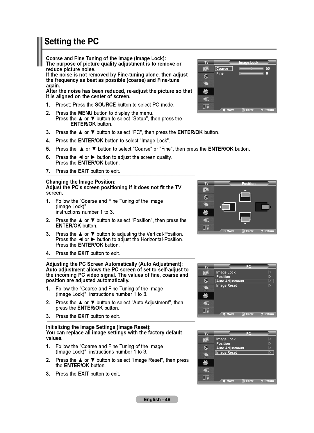 Samsung LE40F8, LE46F8 manual Setting the PC, Reduce picture noise 