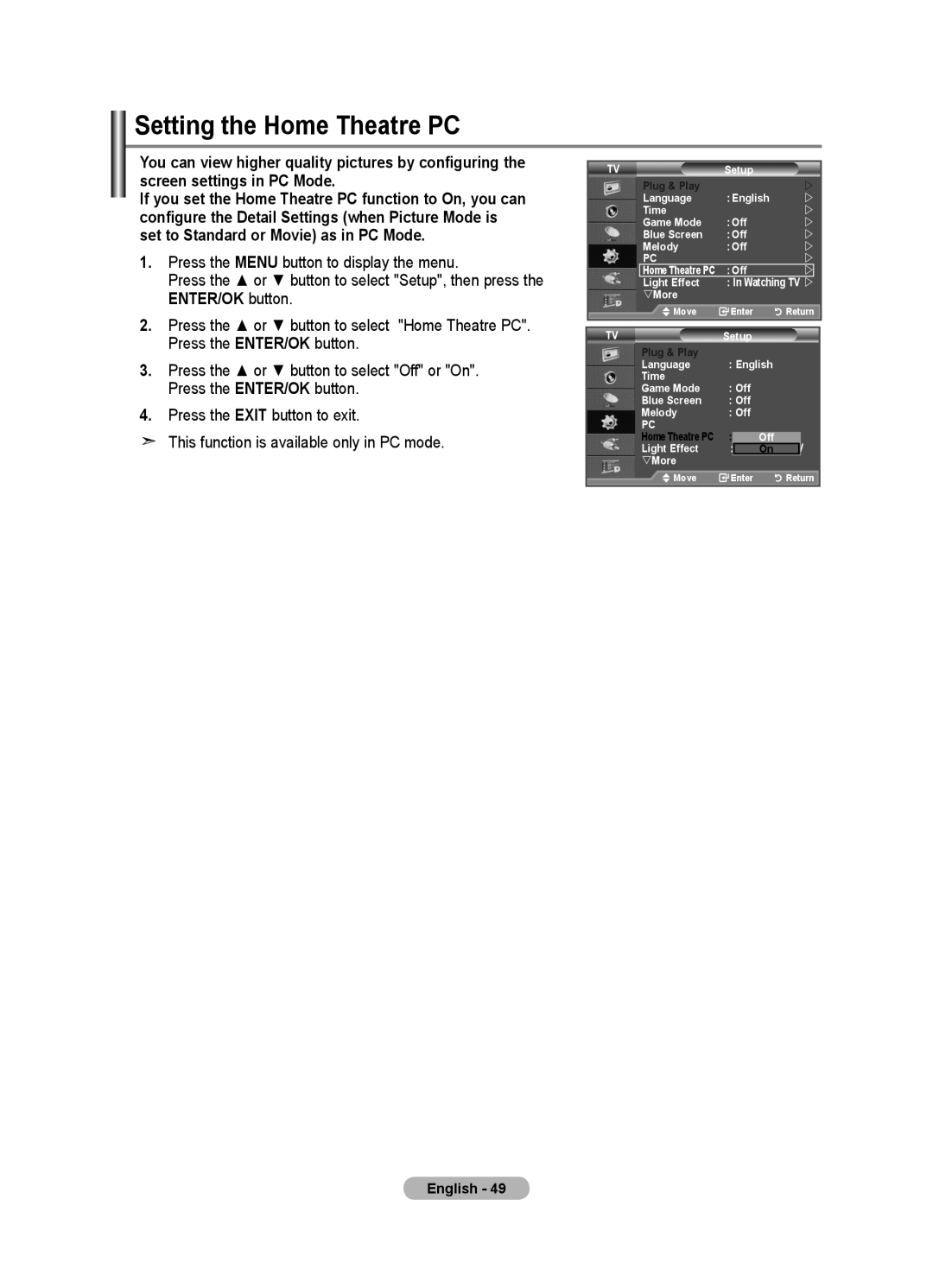 Samsung LE46F8, LE40F8 manual Setting the Home Theatre PC 