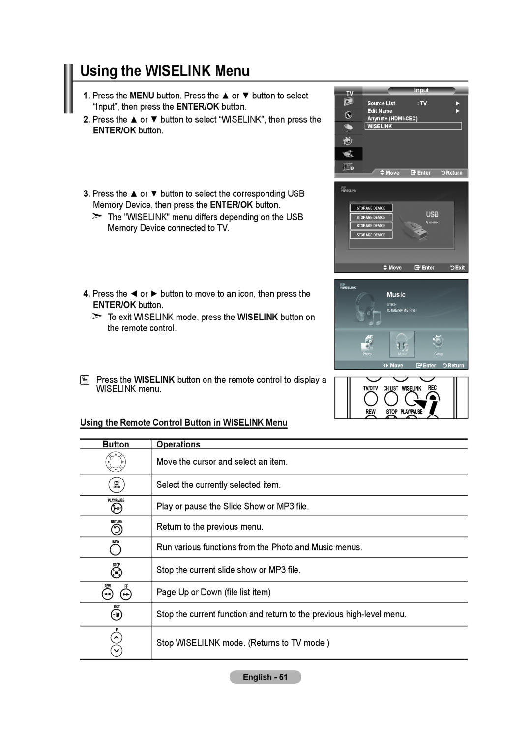 Samsung LE46F8 manual Using the Wiselink Menu, Memory Device, then press the ENTER/OK button, Memory Device connected to TV 