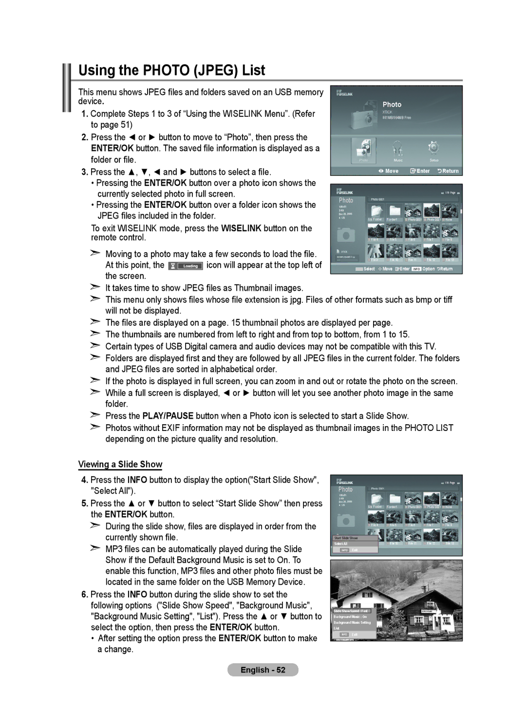 Samsung LE40F8 Using the Photo Jpeg List, Moving to a photo may take a few seconds to load the file, Viewing a Slide Show 