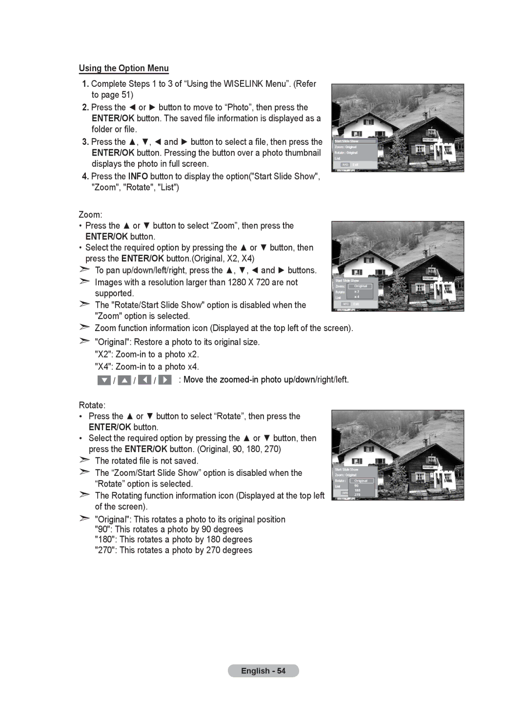 Samsung LE40F8, LE46F8 manual Using the Option Menu, To pan up/down/left/right, press the , , and buttons 