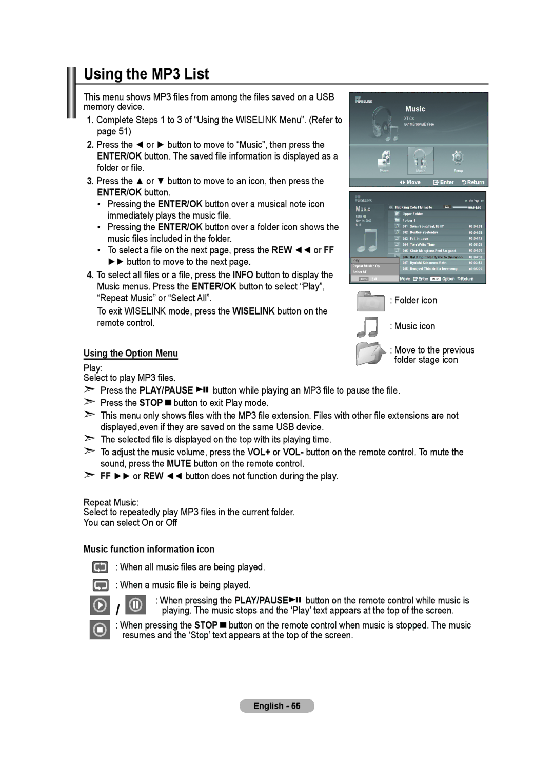 Samsung LE46F8 Using the MP3 List, Remote control Music icon, Folder stage icon, Play, Music function information icon 