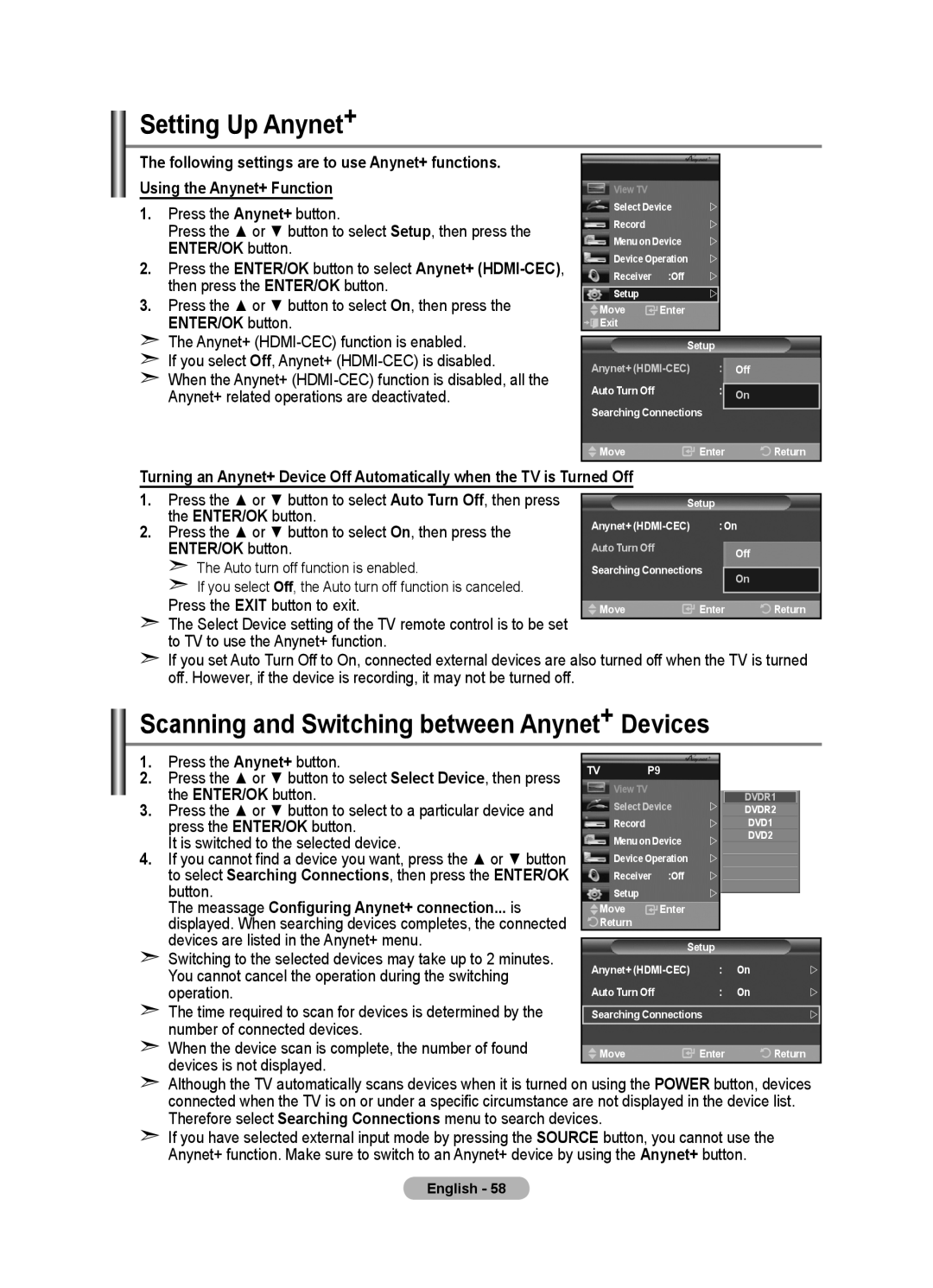 Samsung LE40F8, LE46F8 manual Setting Up Anynet+, Scanning and Switching between Anynet+ Devices 