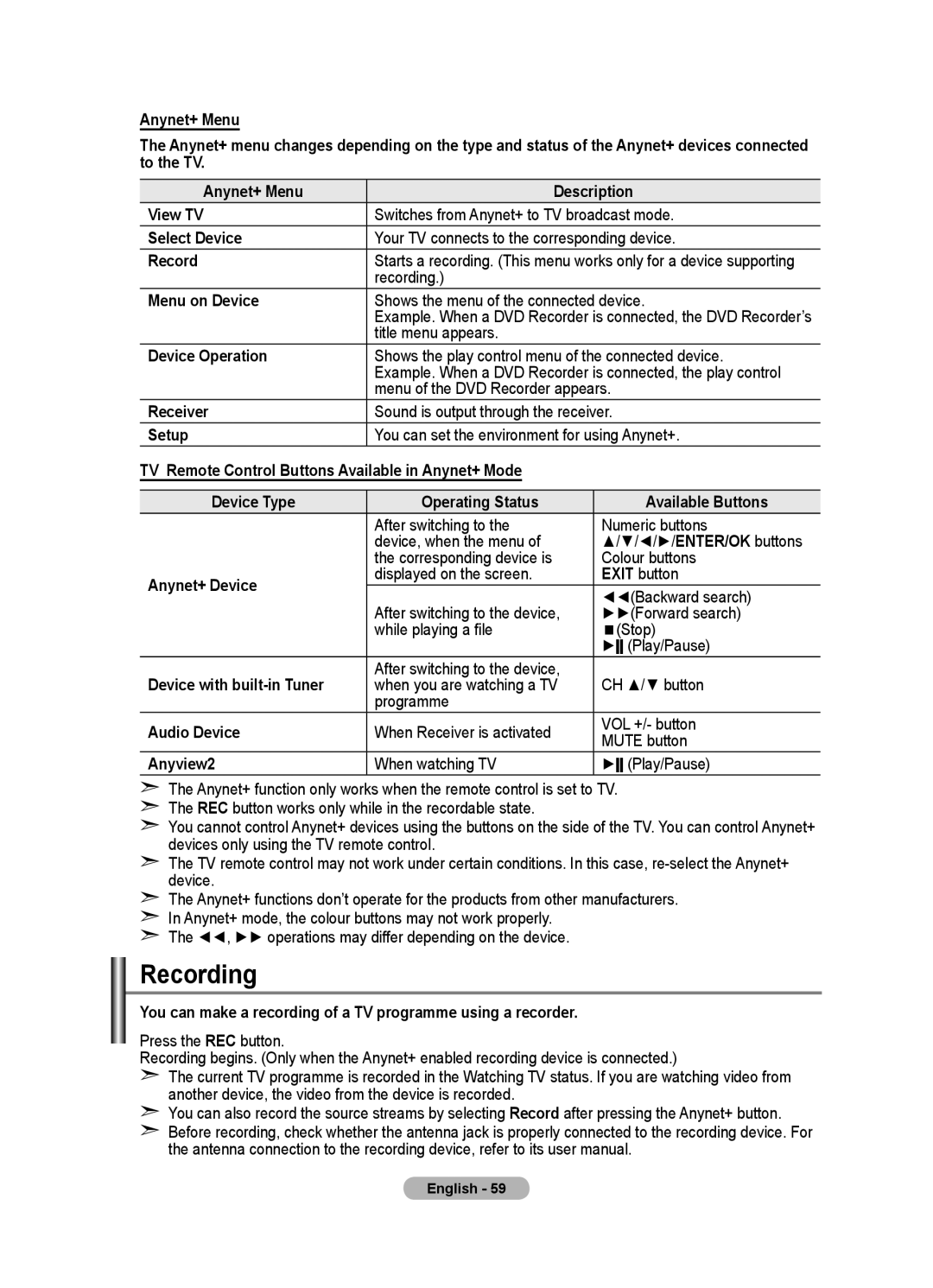 Samsung LE46F8, LE40F8 manual Recording 