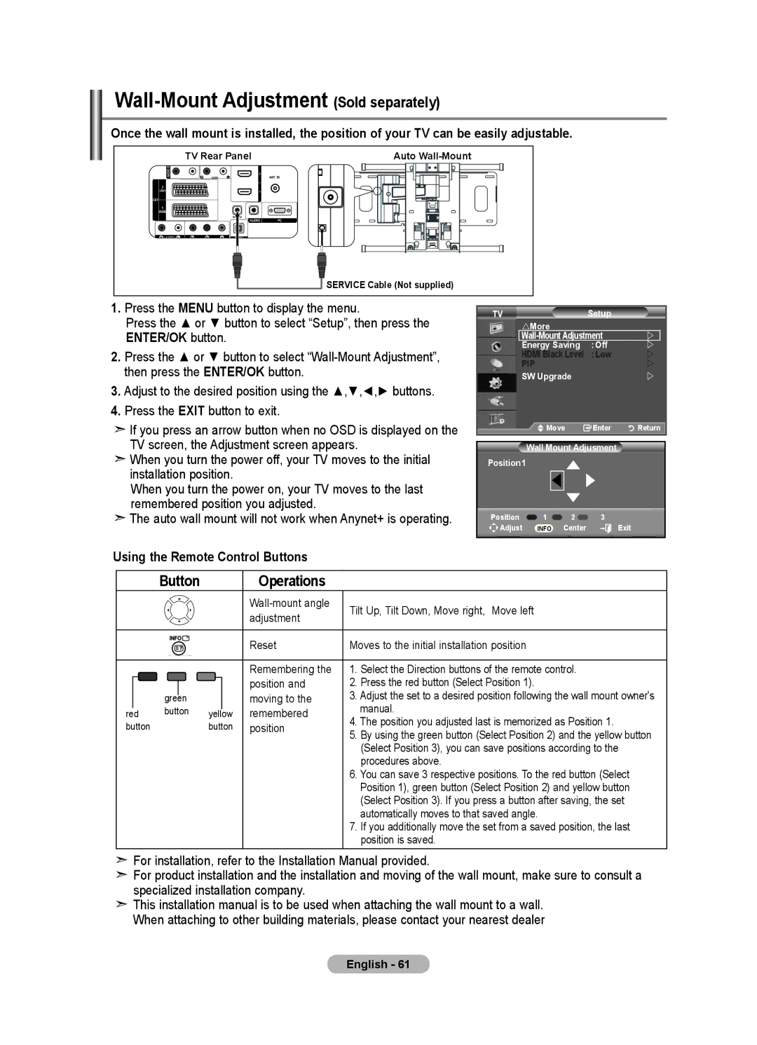 Samsung LE46F8, LE40F8 manual Wall-Mount Adjustment Sold separately, Using the Remote Control Buttons 