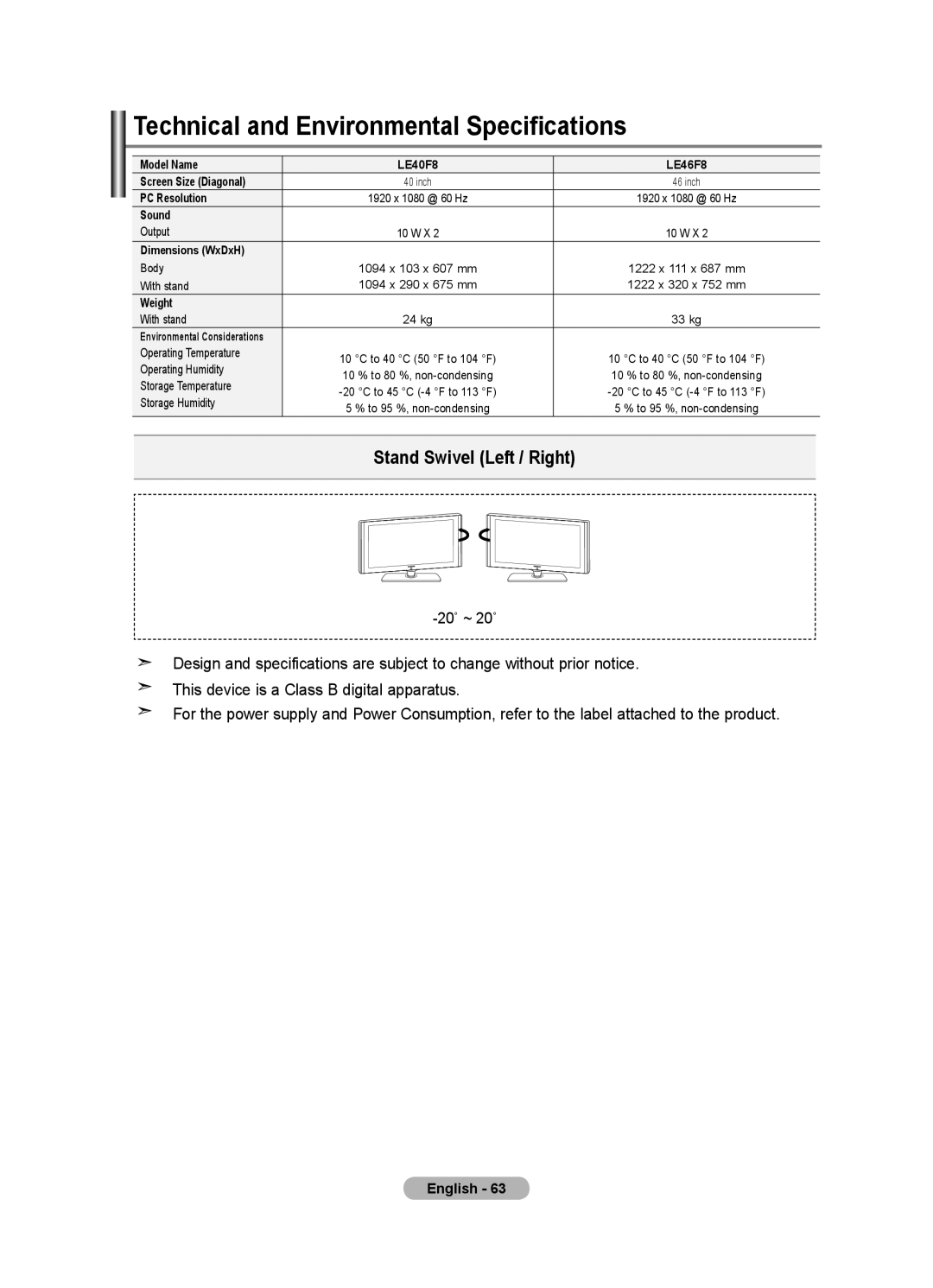 Samsung LE46F8, LE40F8 manual Technical and Environmental Specifications, Dimensions WxDxH 