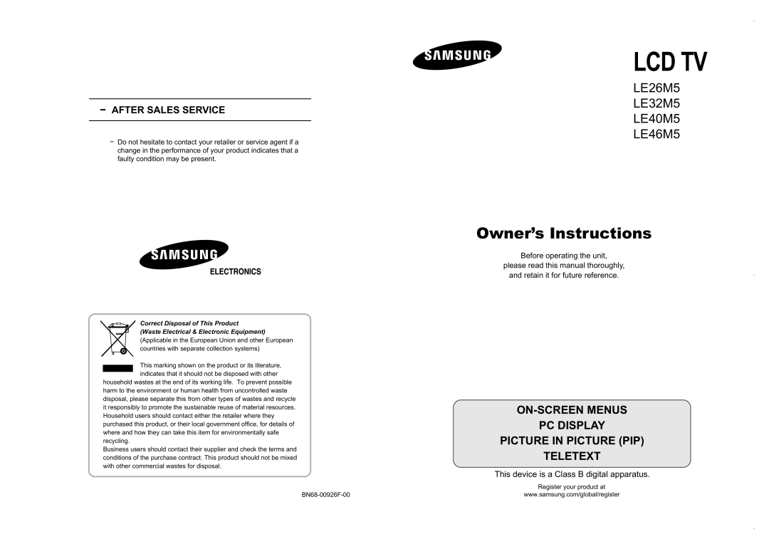 Samsung LE26M5, LE40M5, LE32M5 manual Lcd Tv 