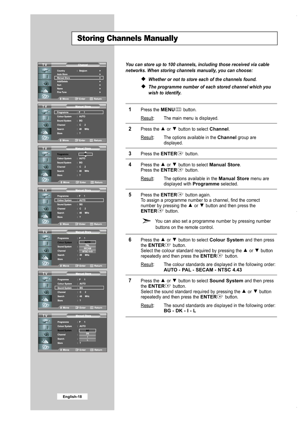 Samsung LE32M5, LE40M5, LE26M5 manual Storing Channels Manually, Bg Dk I L 