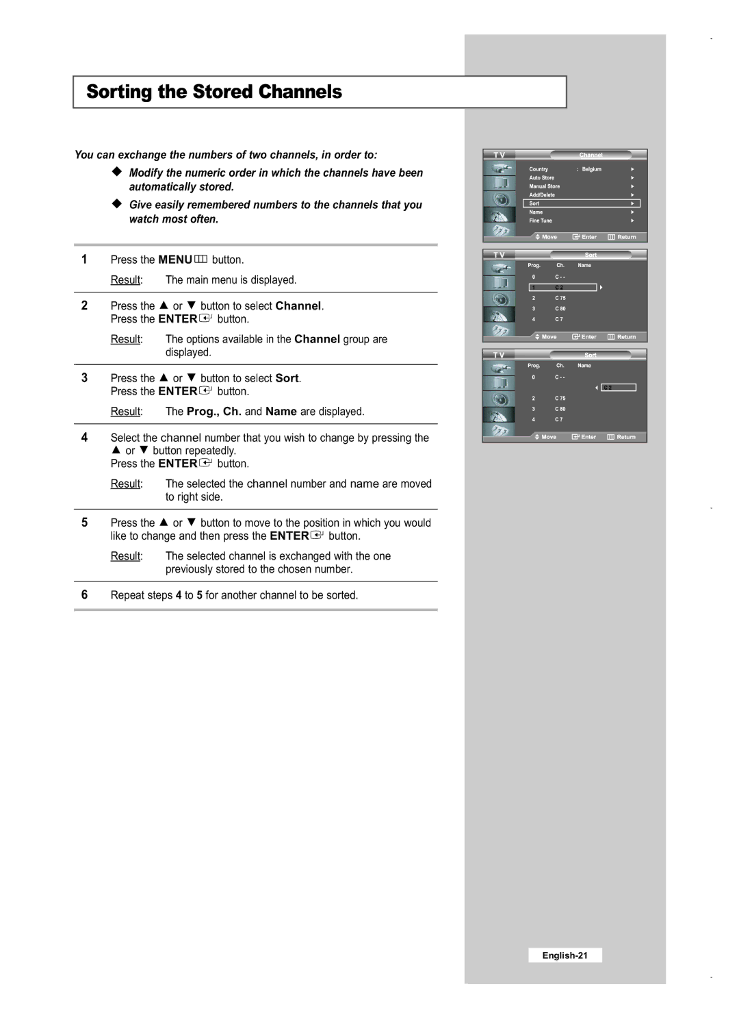 Samsung LE32M5, LE40M5, LE26M5 manual Sorting the Stored Channels 