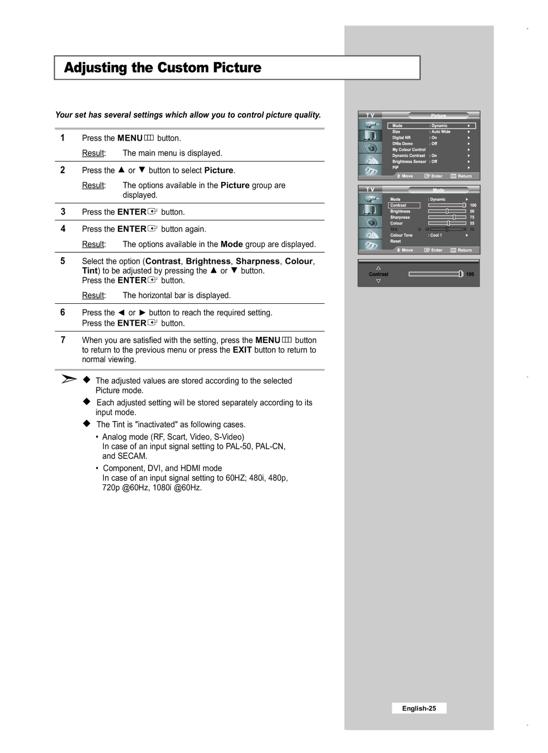 Samsung LE40M5, LE26M5, LE32M5 manual Adjusting the Custom Picture 