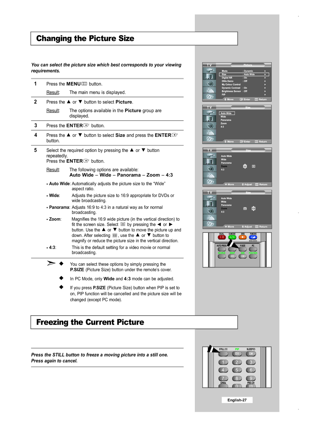 Samsung LE32M5, LE40M5, LE26M5 manual Changing the Picture Size, Freezing the Current Picture, Auto Wide Wide Panorama Zoom 