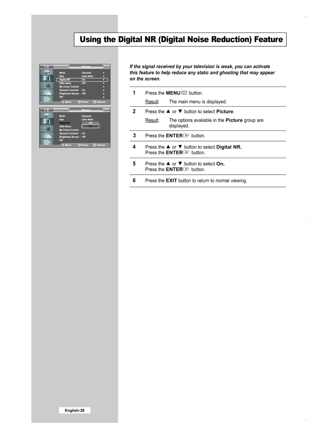 Samsung LE40M5, LE26M5, LE32M5 manual Using the Digital NR Digital Noise Reduction Feature 