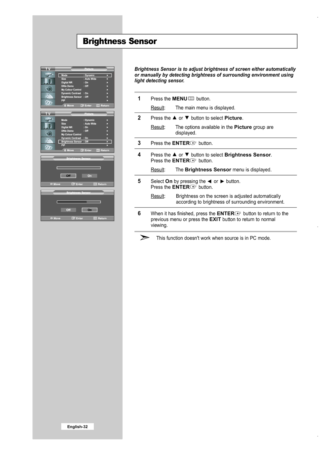 Samsung LE26M5, LE40M5, LE32M5 manual Brightness Sensor 