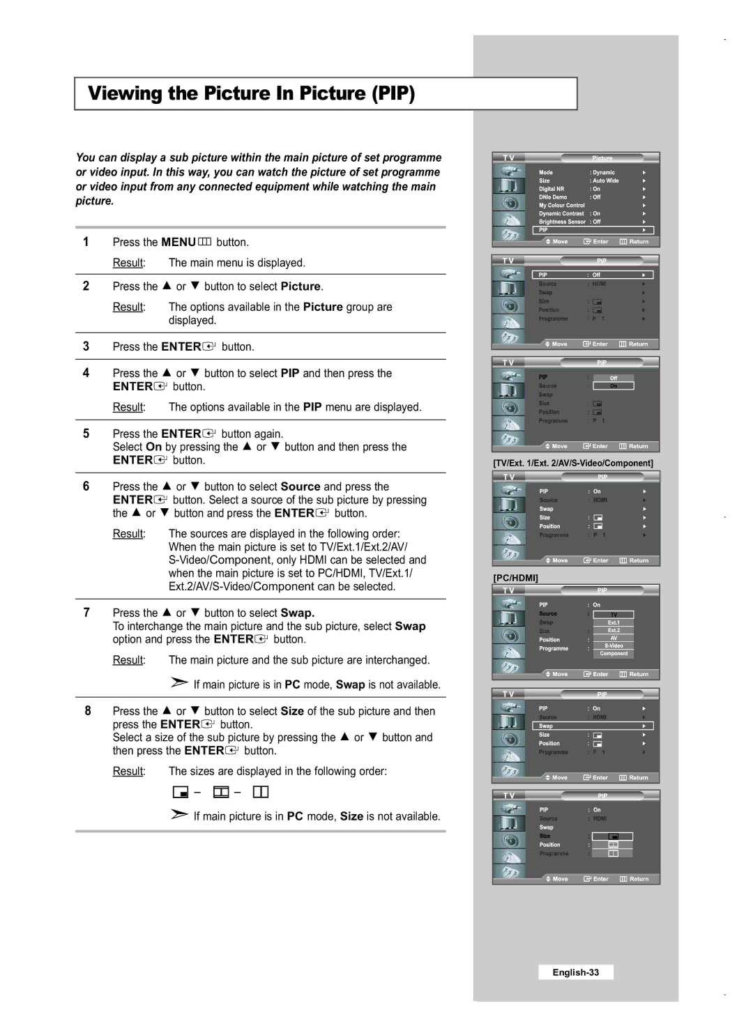 Samsung LE32M5, LE40M5, LE26M5 manual Viewing the Picture In Picture PIP 