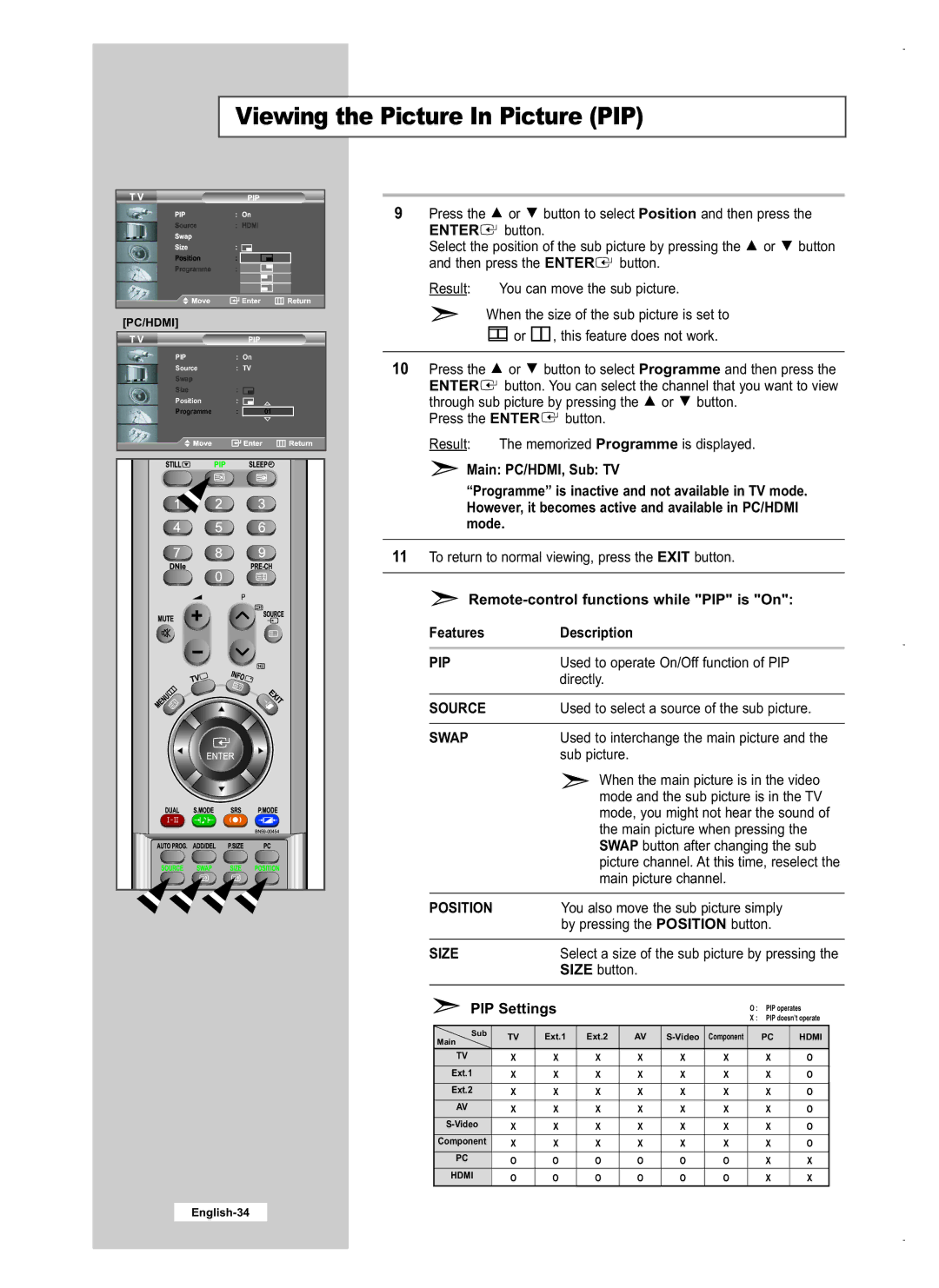 Samsung LE40M5 Remote-control functions while PIP is On Features, Directly, Used to select a source of the sub picture 