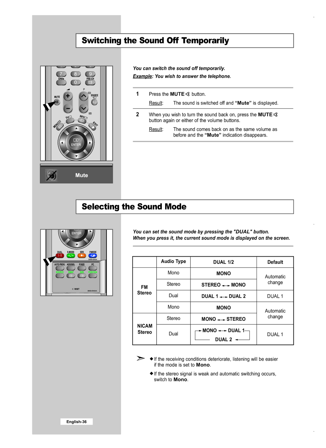 Samsung LE32M5 Switching the Sound Off Temporarily, Selecting the Sound Mode, Audio Type Dual 1/2 Default, Change, Stereo 