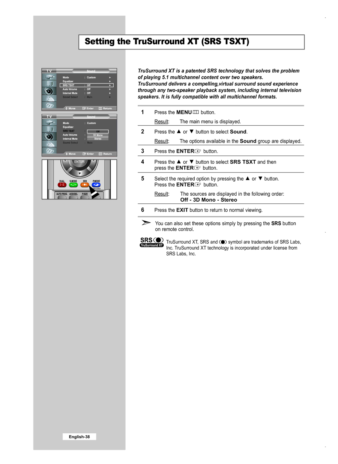 Samsung LE26M5, LE40M5, LE32M5 manual Setting the TruSurround XT SRS Tsxt, Off 3D Mono Stereo 