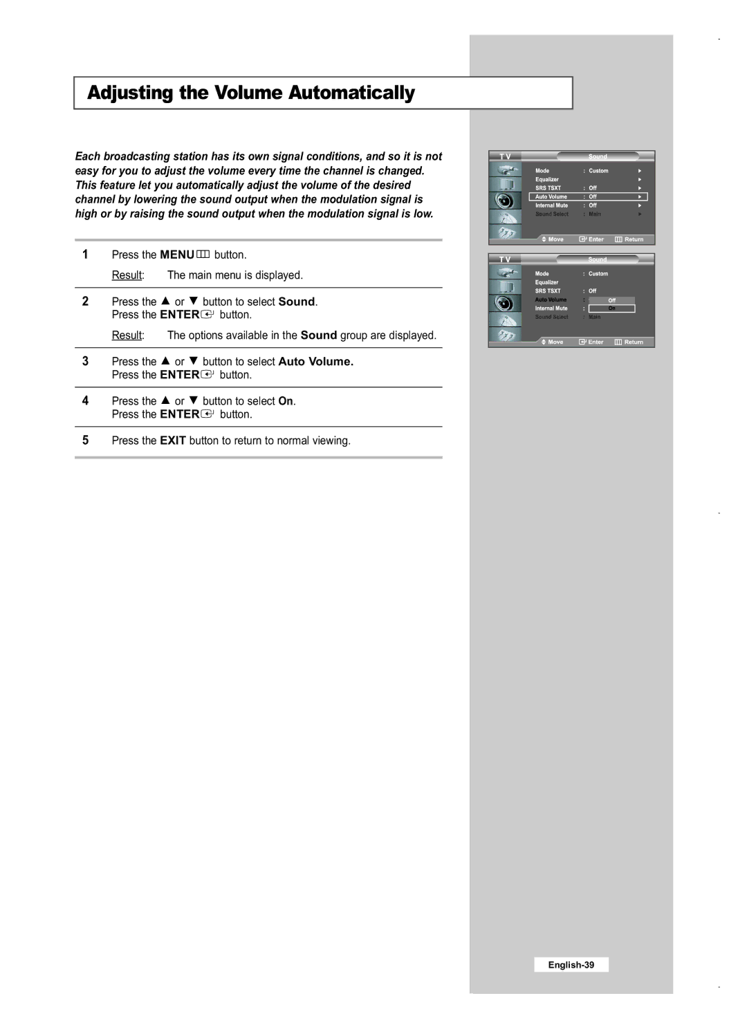 Samsung LE32M5, LE40M5, LE26M5 manual Adjusting the Volume Automatically 