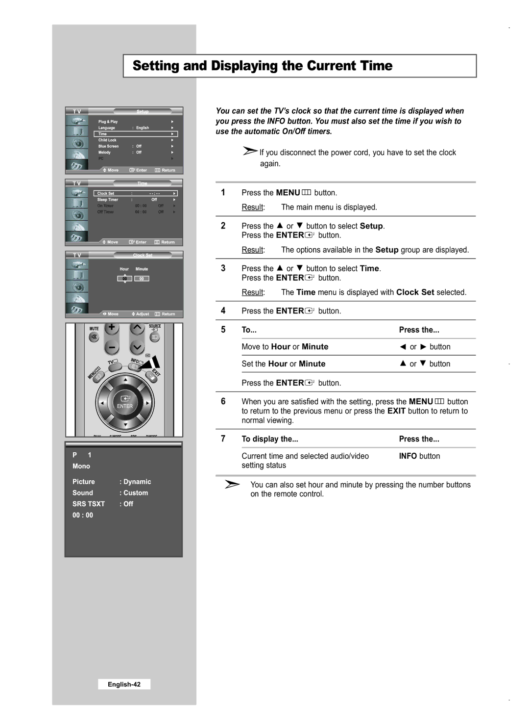 Samsung LE32M5, LE40M5, LE26M5 manual Setting and Displaying the Current Time, To display 