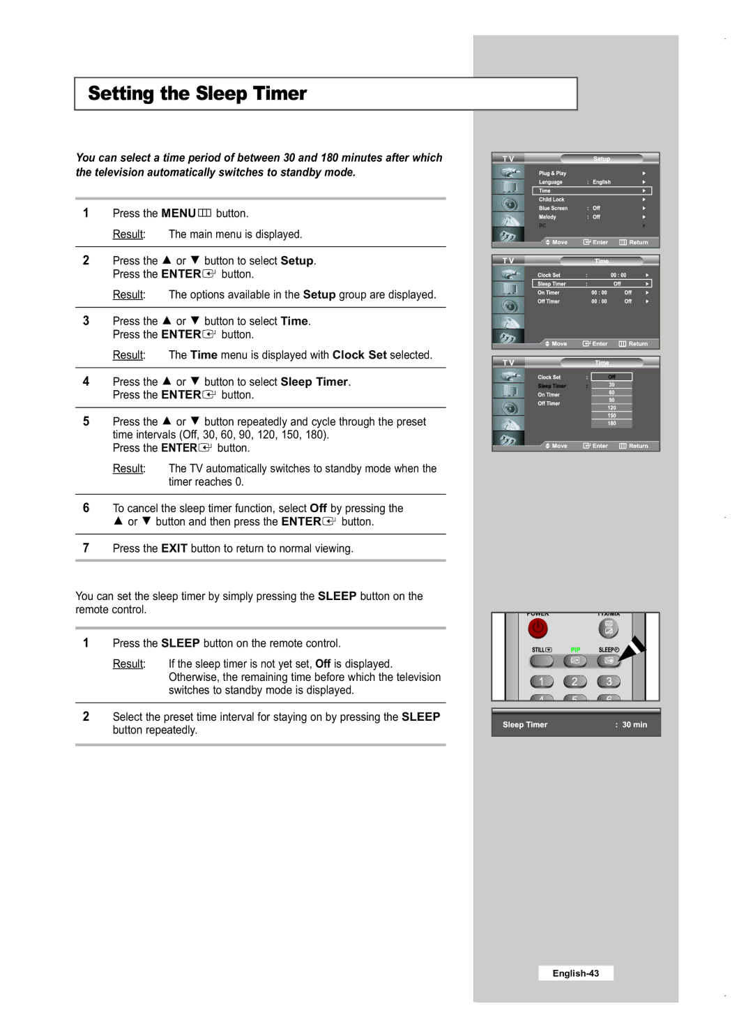 Samsung LE40M5, LE26M5, LE32M5 manual Setting the Sleep Timer 