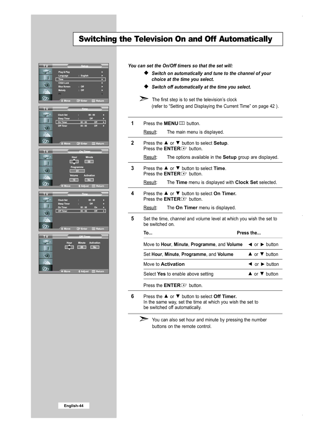 Samsung LE26M5, LE40M5, LE32M5 manual Press Move to Hour , Minute , Programme , and Volume, Move to Activation 