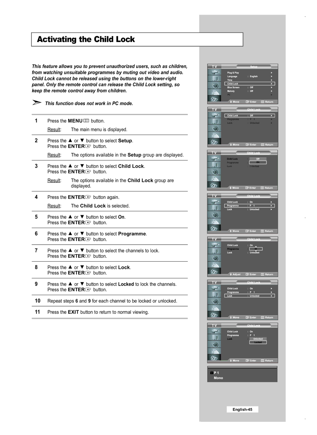 Samsung LE32M5, LE40M5, LE26M5 manual Activating the Child Lock 