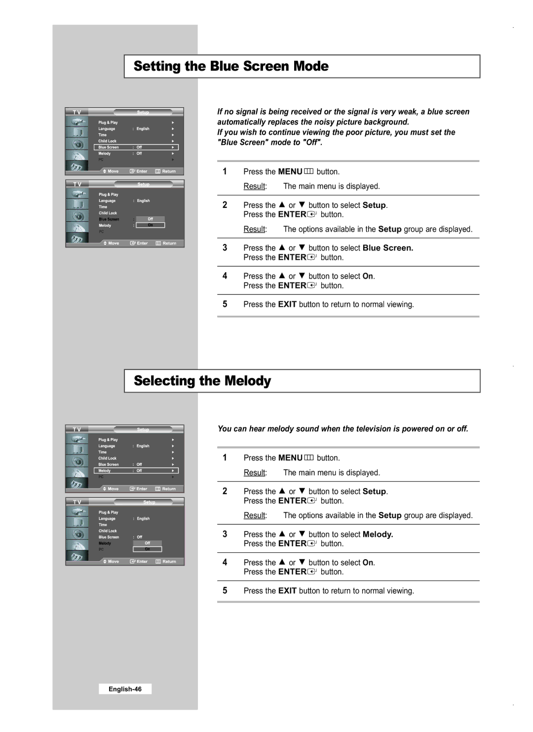 Samsung LE40M5, LE26M5, LE32M5 manual Setting the Blue Screen Mode, Selecting the Melody 