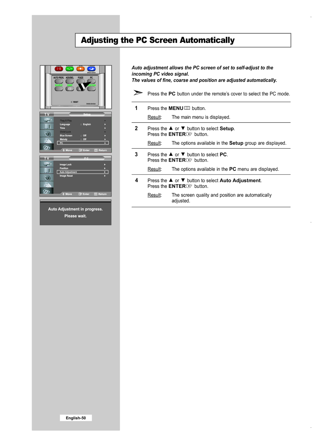 Samsung LE26M5, LE40M5, LE32M5 manual Adjusting the PC Screen Automatically 